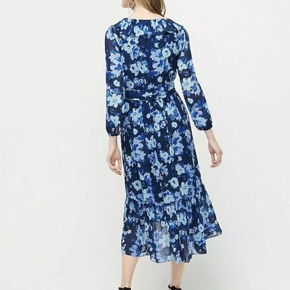 NEW J.Crew‎ Size 2 Watercolors Begonia Blue Floral Faux Wrap Midi Dress - Picture 5 of 16